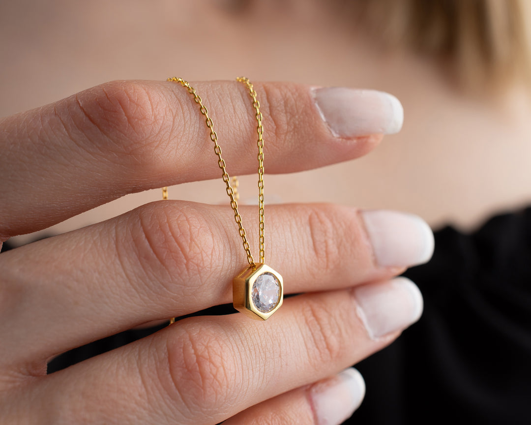 White Zircon Stone Hexagon Necklace