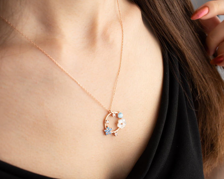 Blue Flower Circle Necklace